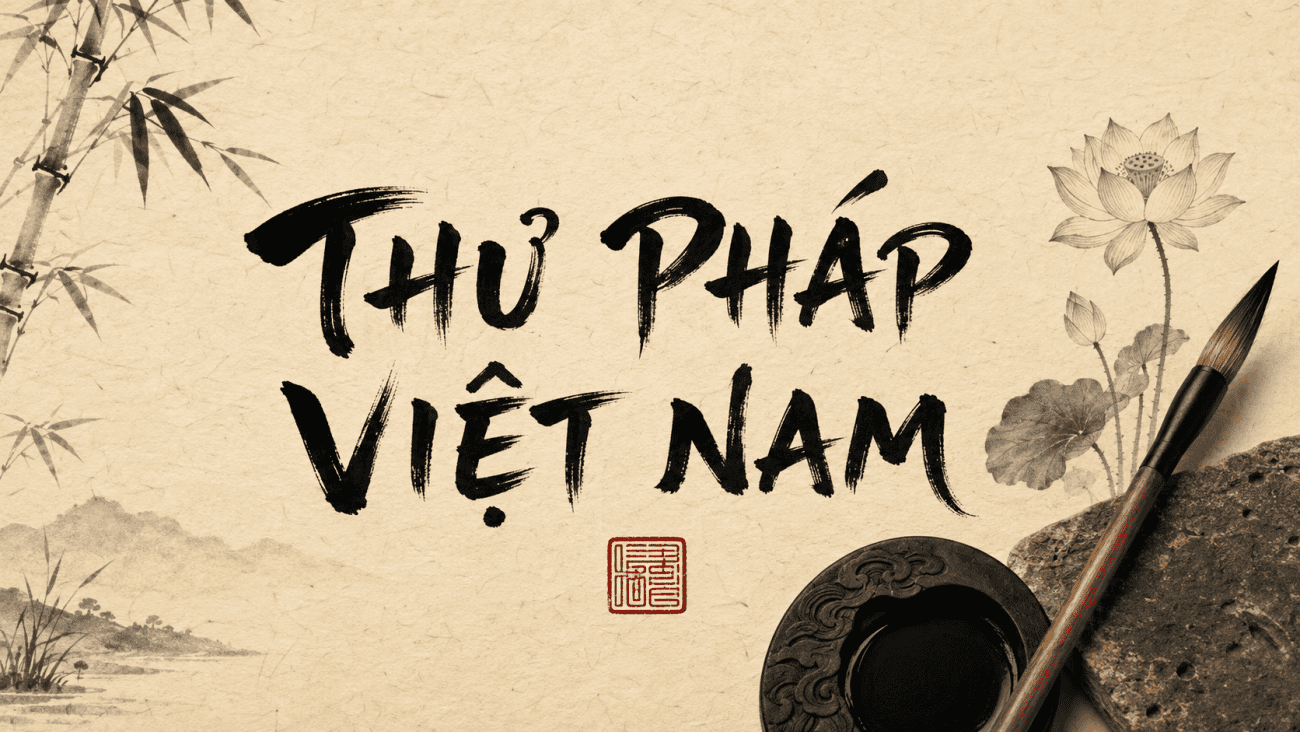 Minh họa thư pháp Việt Nam với nét mực đen, hoa sen và dấu son