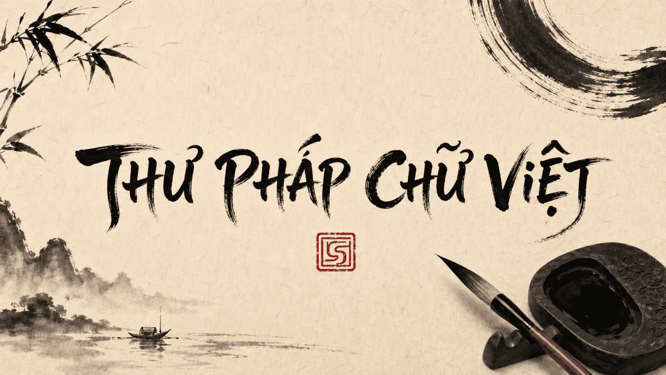 Tác phẩm thư pháp chữ Việt với bố cục mực đen và dấu son