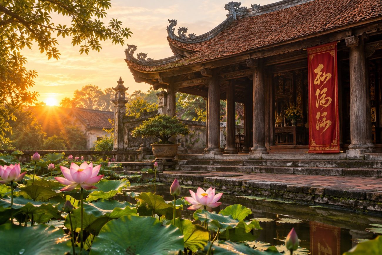 Sân đình Việt Nam với hoành thư pháp đỏ vàng và hồ sen lúc bình minh