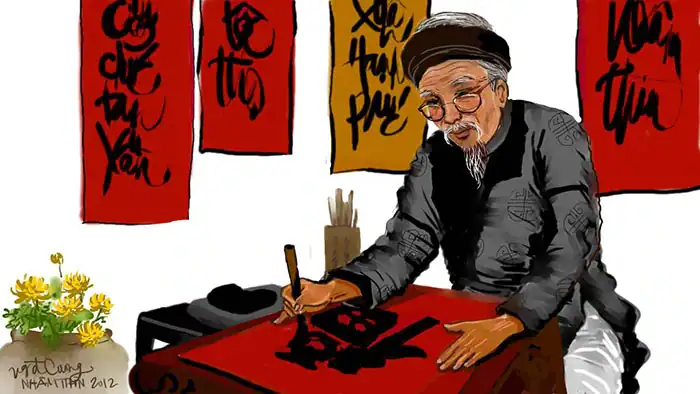 Minh họa ông đồ viết thư pháp Việt Nam bên câu đối ngày Tết